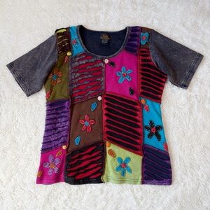VTG Y2K 90s Rising International Woman Patchwork Floral T-Shirt LARGE Boho Folk